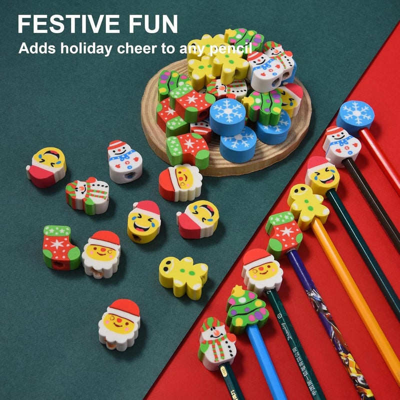 TDOCK 42 Pieces Christmas Pencil Top Erasers for Kids, Christmas Pencil Erasers Toppers Bulk, Cute Mini Cap Erasers for Holiday Party Favors Classroom Rewards Goodie Bags Stuffers Stocking Stuffers - Image 2